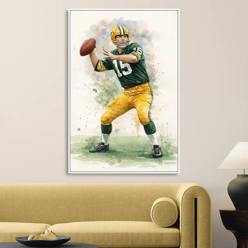Green Bay Packers Watercolor - Bart Starr Sitting Room - White Canvas Wall Art