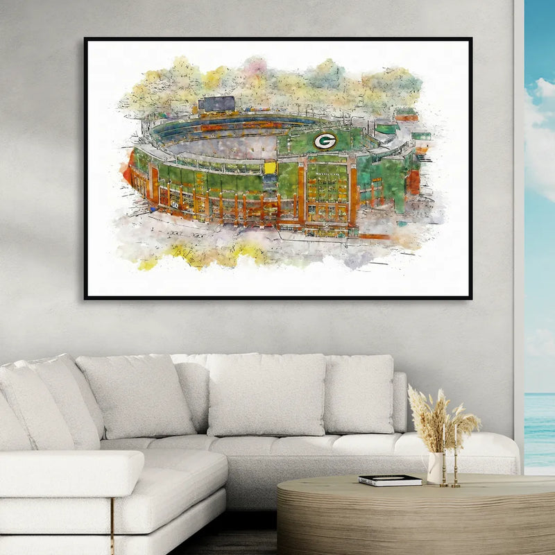 Green Bay Packers Lambeau Field Watercolor Stadium Living Room - Black Canvas Wall Art