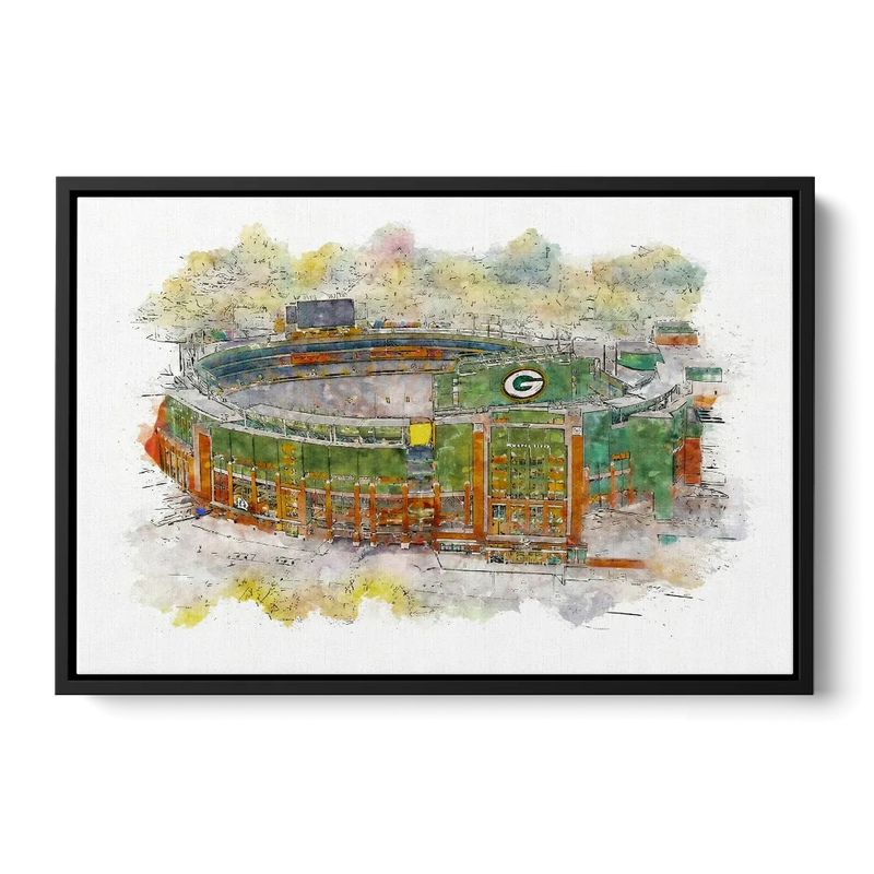 Green Bay Packers Lambeau Field Watercolor Stadium Front - Black Canvas Wall Art