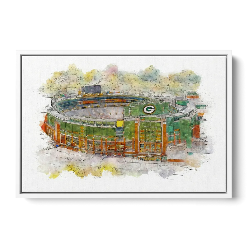 Green Bay Packers Lambeau Field Watercolor Stadium Front - White Canvas Wall Art