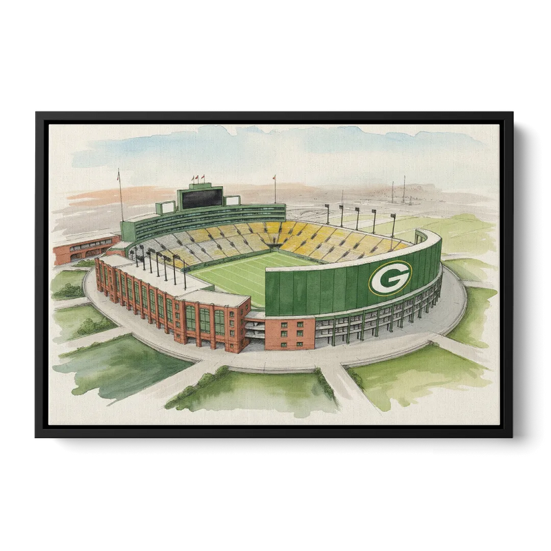 Green Bay Packers Lambeau Field Watercolor Illustration Front - Black Canvas Wall Art