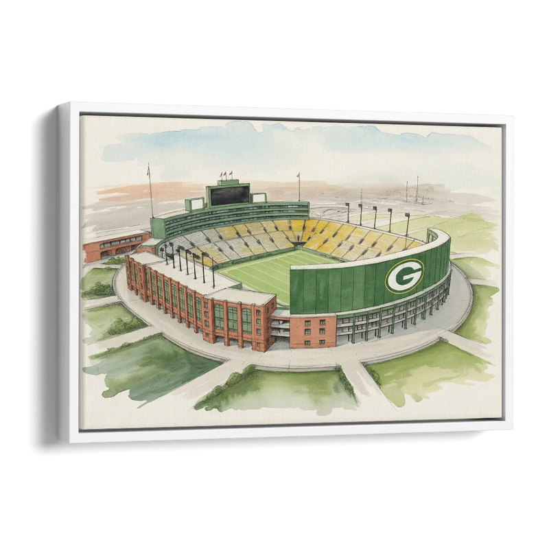Green Bay Packers Lambeau Field Watercolor Illustration Side - White Canvas Wall Art