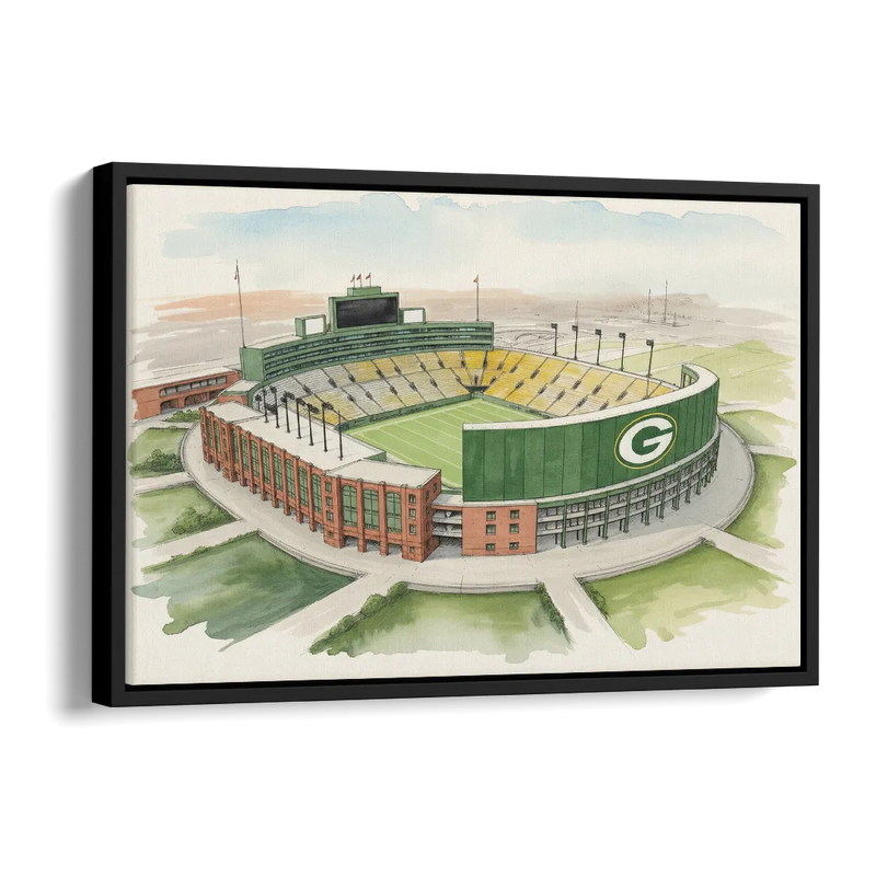 Green Bay Packers Lambeau Field Watercolor Illustration Side - Black Canvas Wall Art