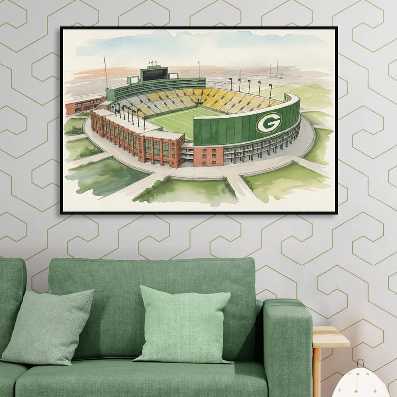 Green Bay Packers Lambeau Field Watercolor Illustration Sitting Room - Black Canvas Wall Art