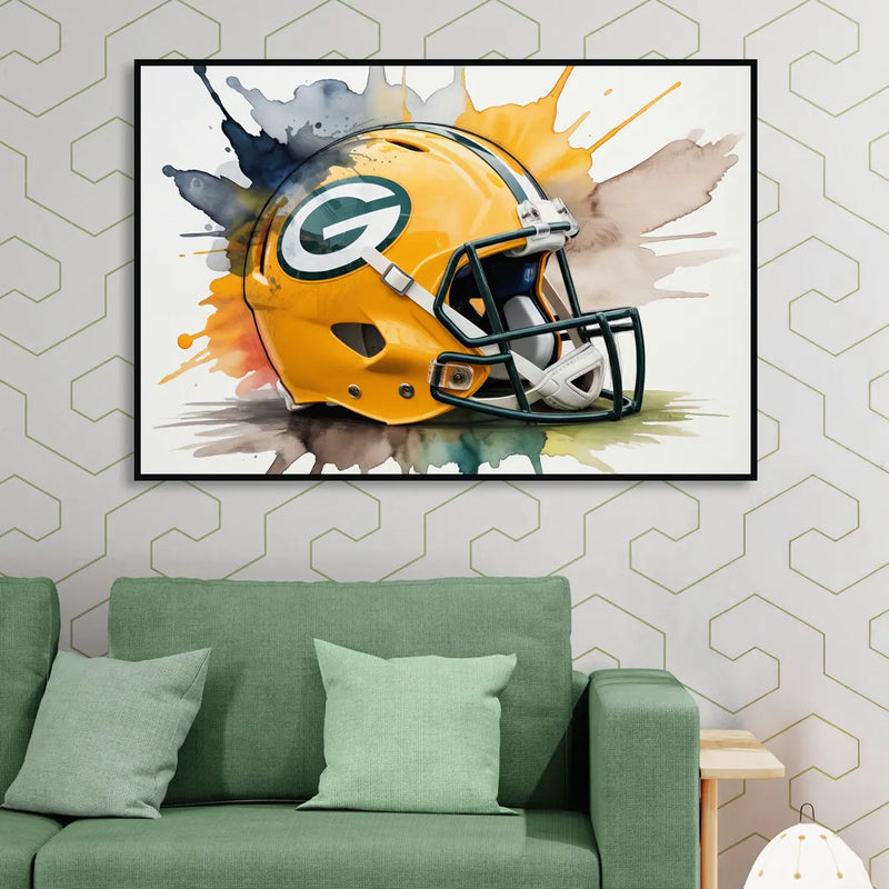 Green Bay Packers Yellow Helmet Watercolor Living Room - Black Canvas Wall Art