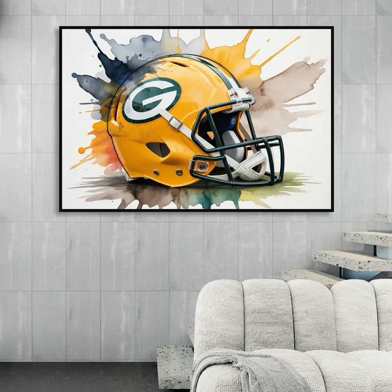 Green Bay Packers Yellow Helmet Watercolor Sitting Room - Black Canvas Wall Art