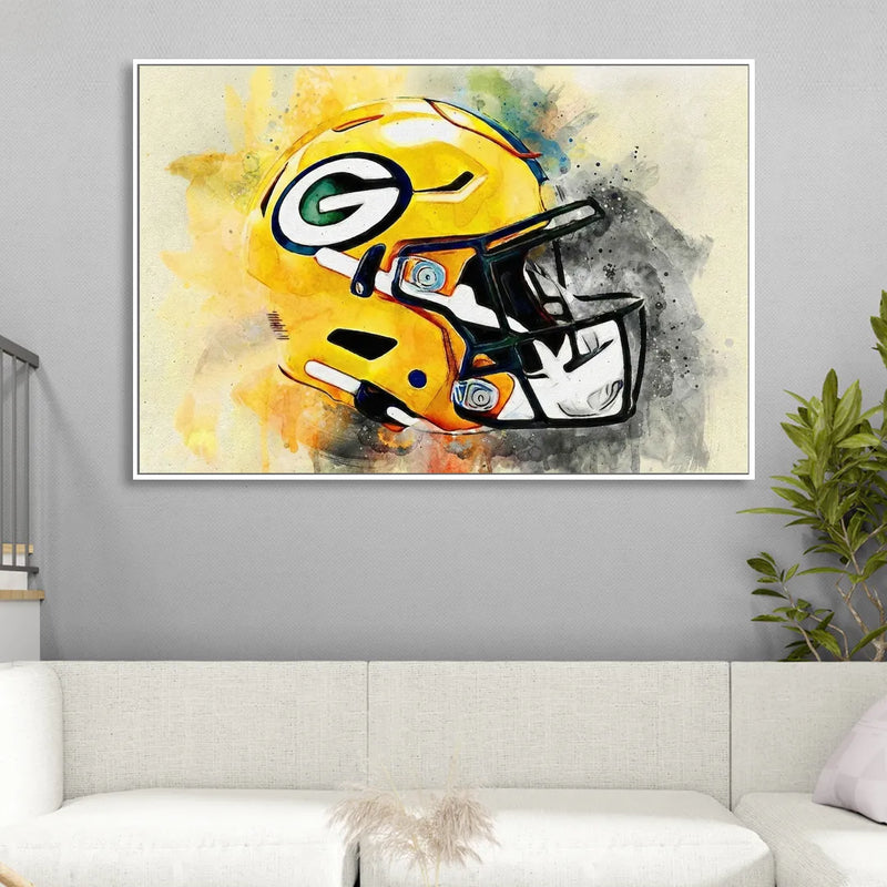 Green Bay Packers Yellow Helmet Expressive Watercolor Living Room - White Canvas Wall Art