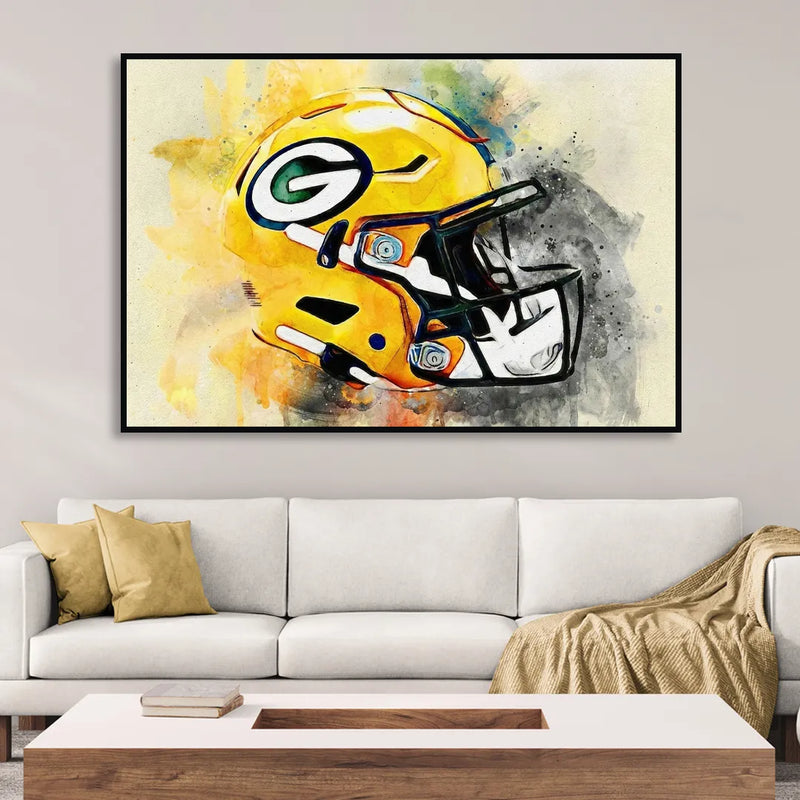 Green Bay Packers Yellow Helmet Expressive Watercolor Sitting Room - Black Canvas Wall Art