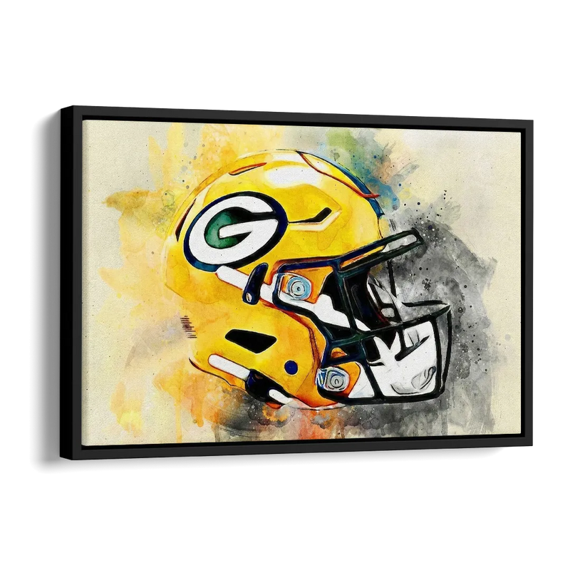 Green Bay Packers Yellow Helmet Expressive Watercolor Side - Black Canvas Wall Art