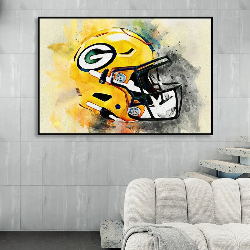 Green Bay Packers Yellow Helmet Expressive Watercolor Living Room - Black Canvas Wall Art