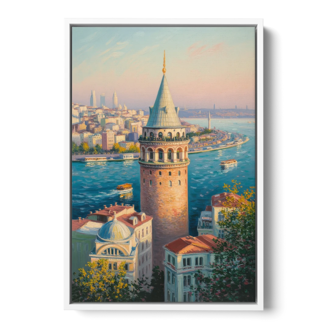 Galata Tower View - White Framed Canvas Wall Art - Front