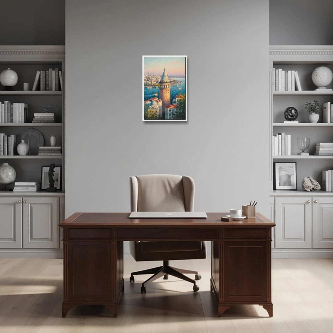 Galata Tower View - White Framed Canvas Wall Art - Office - 16x24