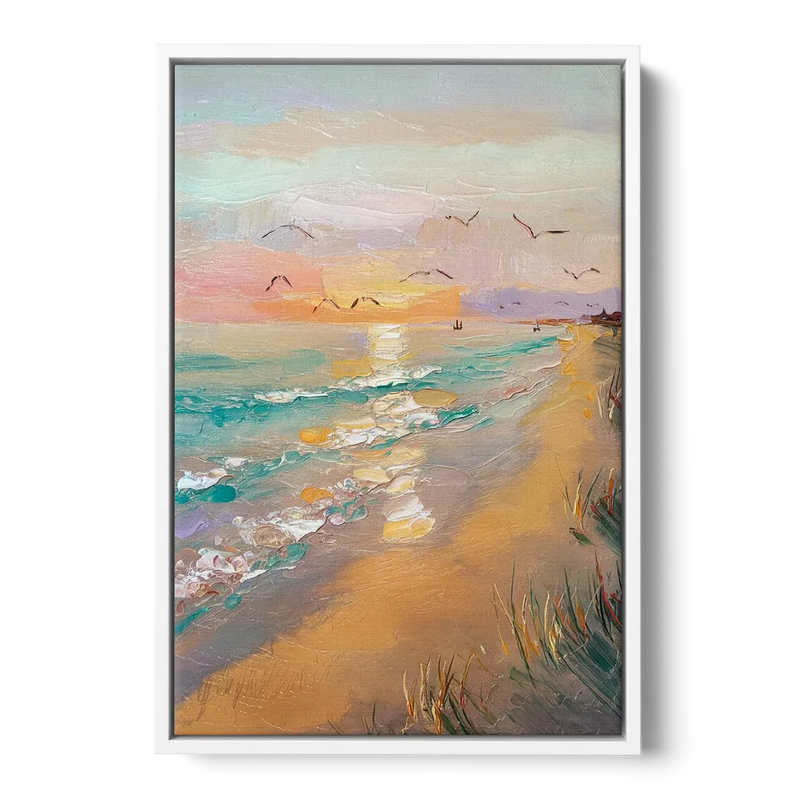 Galveston Beach Sunrise Front - White Canvas Wall Art