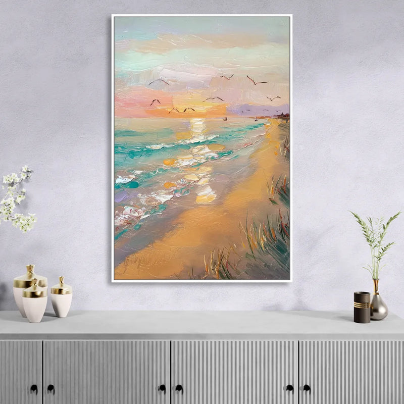 Galveston Beach Sunrise Living Room - White Canvas Wall Art