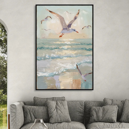Galveston Seagulls in Flight Living Room - Black Canvas Wall Art