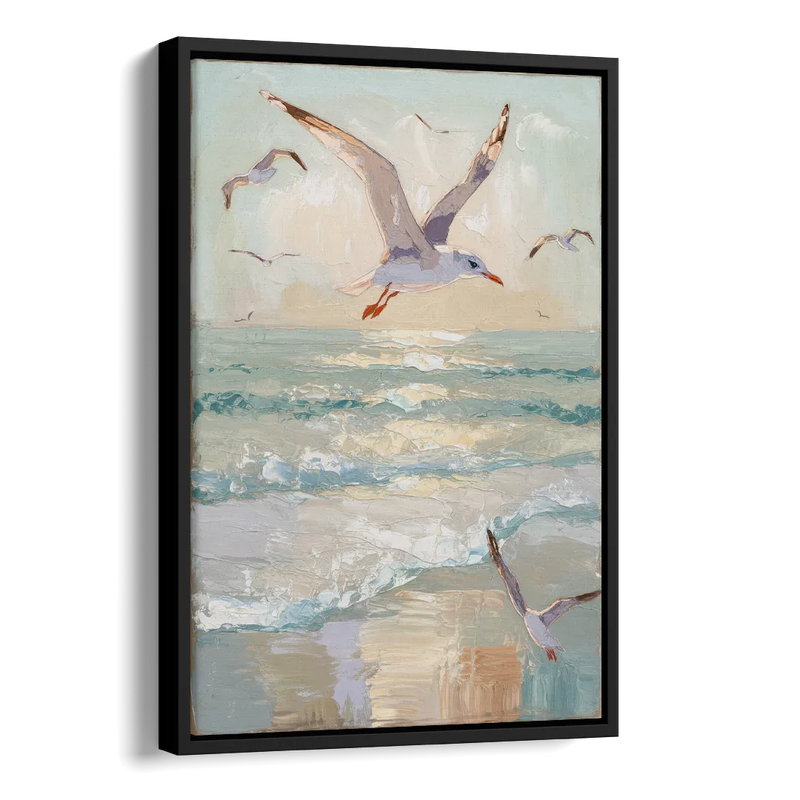 Galveston Seagulls in Flight Side - Black Canvas Wall Art