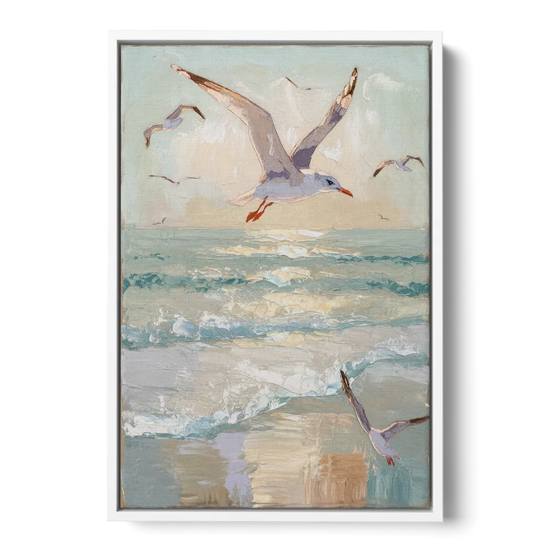 Galveston Seagulls in Flight Front - White Canvas Wall Art