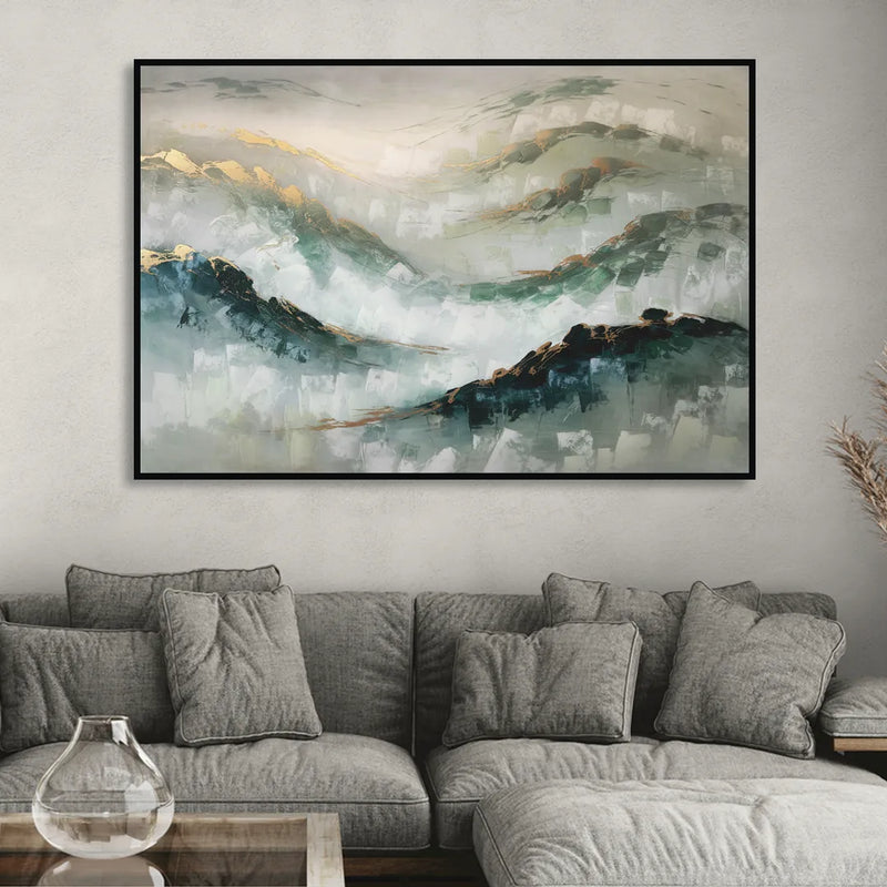 Gatlinburg Misty Mountain Gray Landscape Living Room - Black Canvas Wall Art