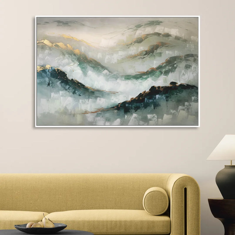 Gatlinburg Misty Mountain Gray Landscape Living Room - White Canvas Wall Art