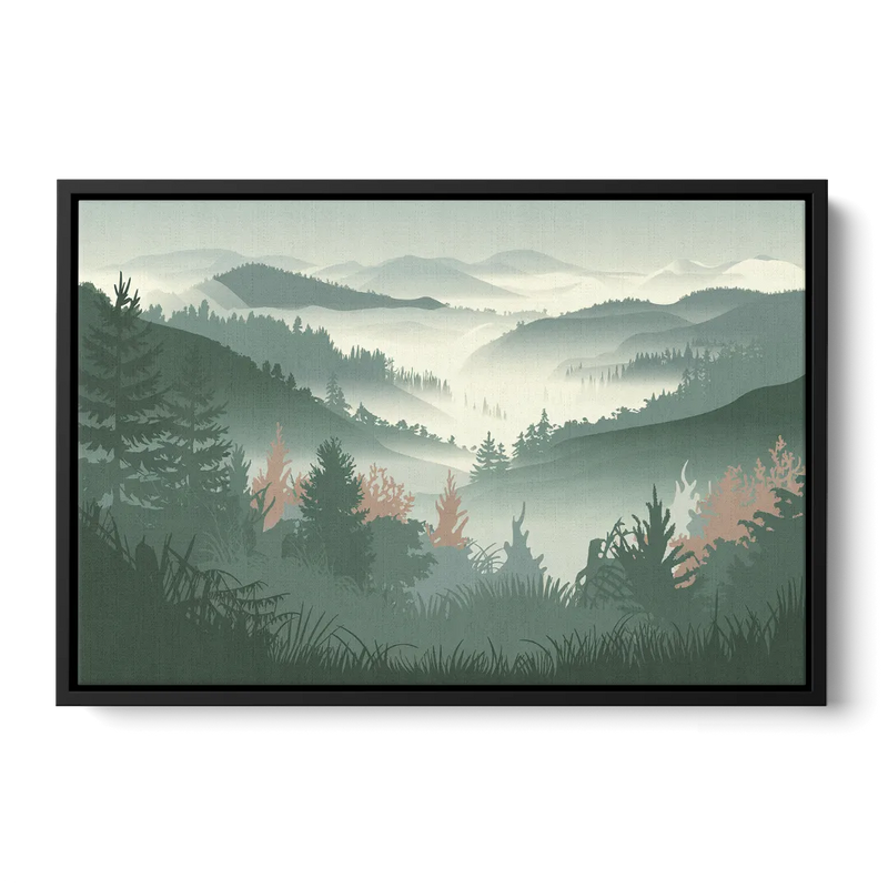 Gatlinburg Misty Mountain Landscape Front - Black Canvas Wall Art