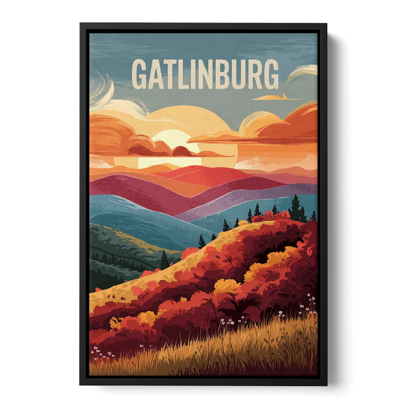 Gatlinburg Sunset Over Hills Front - Black Canvas Wall Art