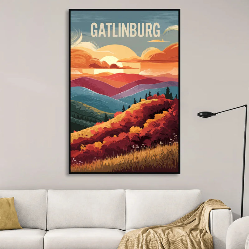 Gatlinburg Sunset Over Hills Living Room - Black Canvas Wall Art