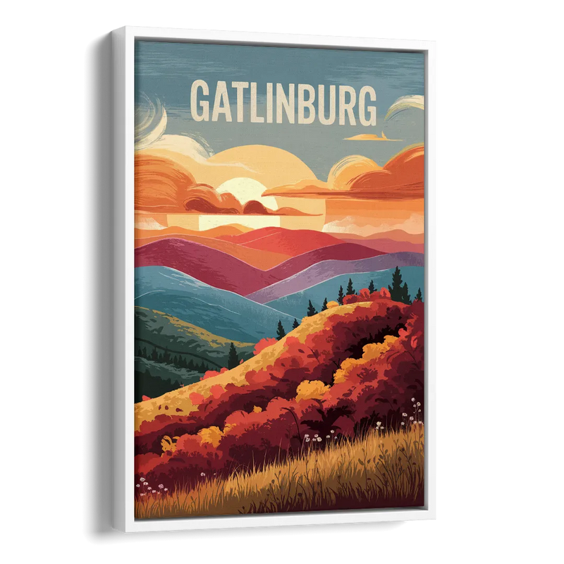 Gatlinburg Sunset Over Hills Side - White Canvas Wall Art