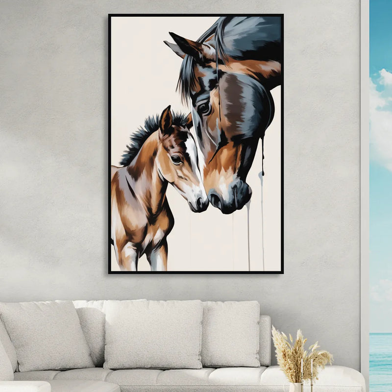 Gentle Horse and Foal Bonding Sitting Room - Black Canvas Wall Art