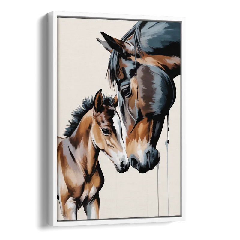 Gentle Horse and Foal Bonding Side - White Canvas Wall Art
