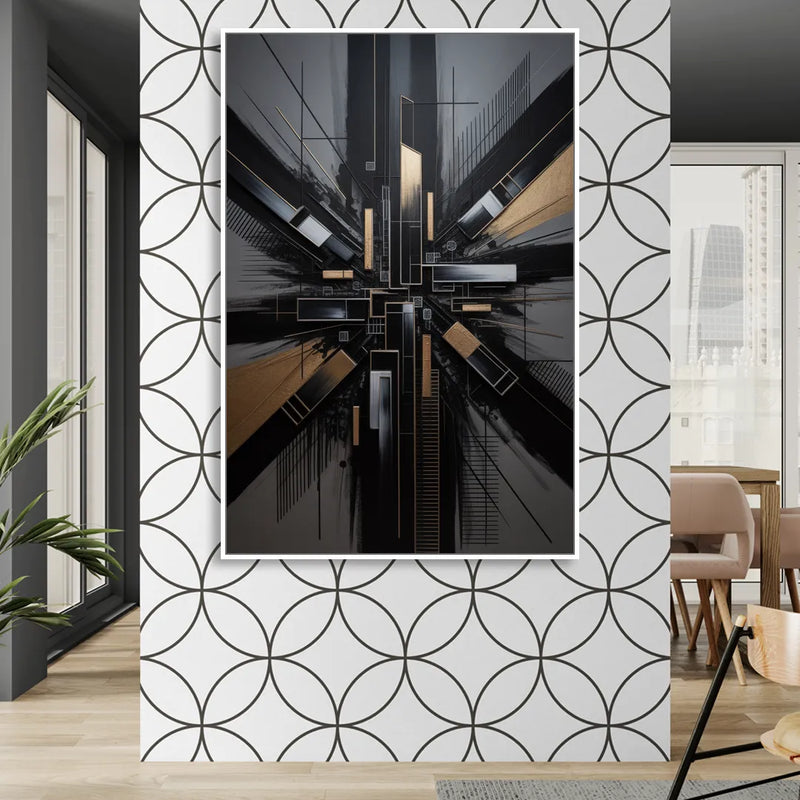 Geometric Cityscape Black Abstract Sitting Room - White Canvas Wall Art