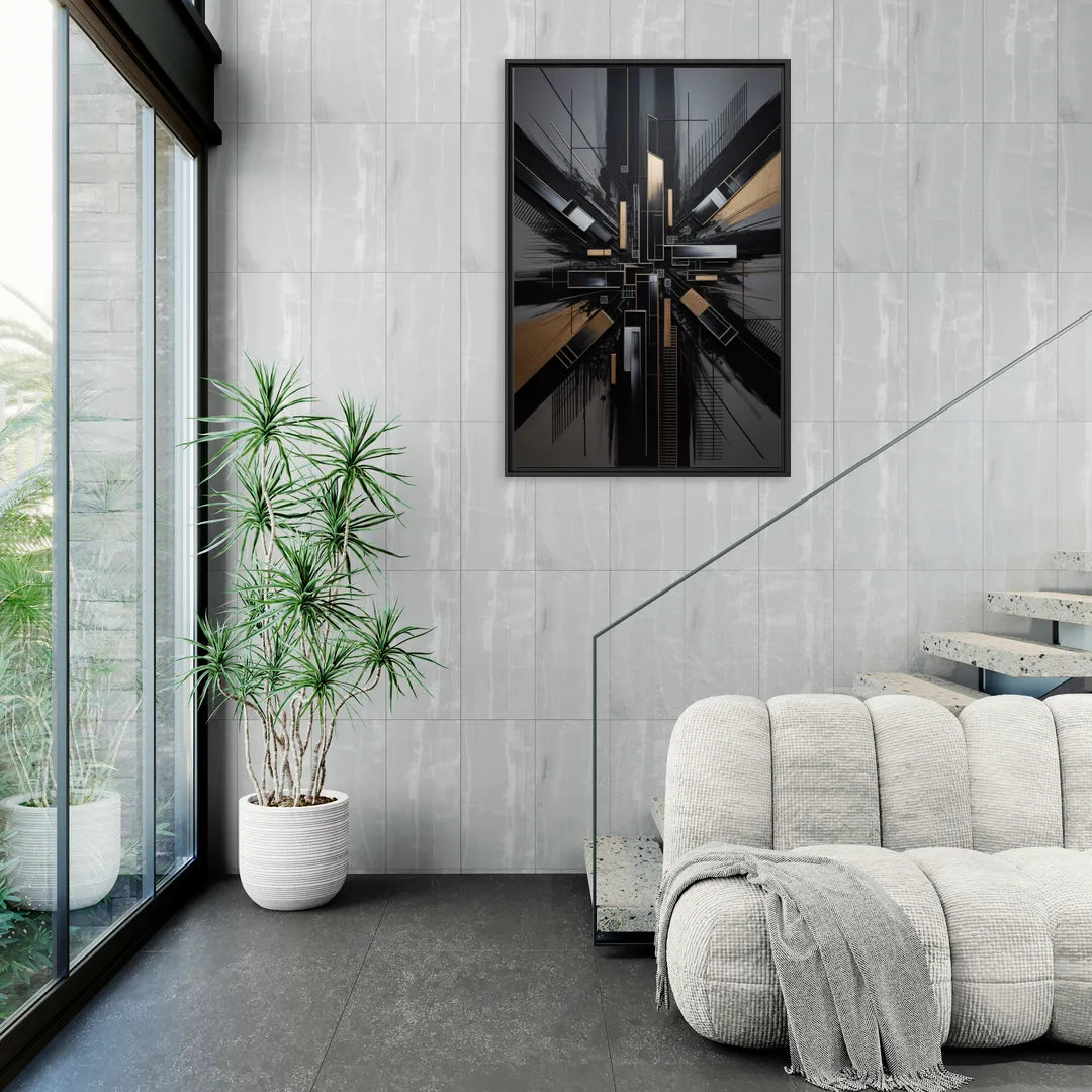 Geometric Cityscape Black Abstract - Living Room Black Frame Canvas