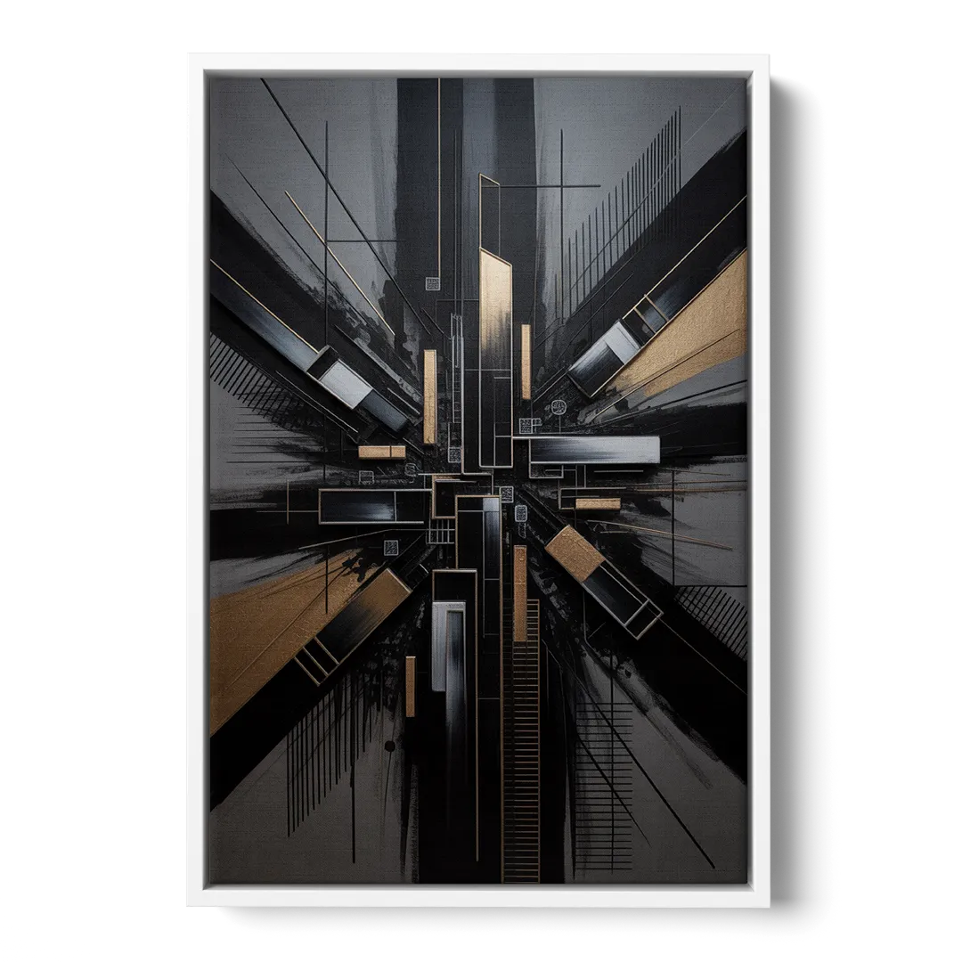 Geometric Cityscape Black Abstract - White Frame Canvas