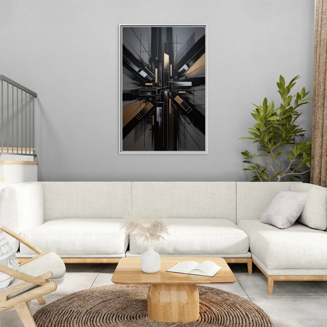 Geometric Cityscape Black Abstract - Living Room White Frame Canvas