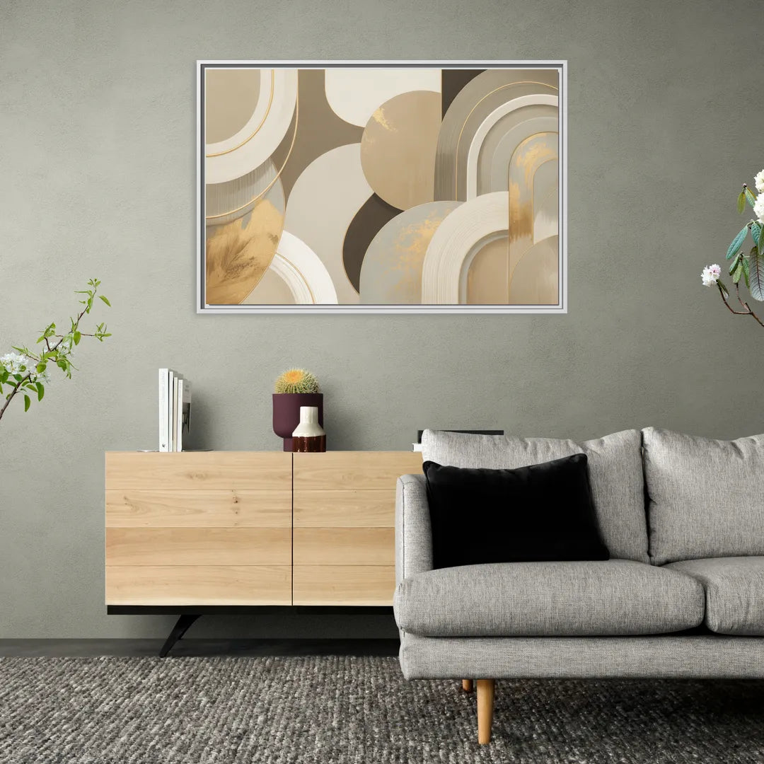 Geometric Elegance Beige Abstract - Living Room White Frame Canvas