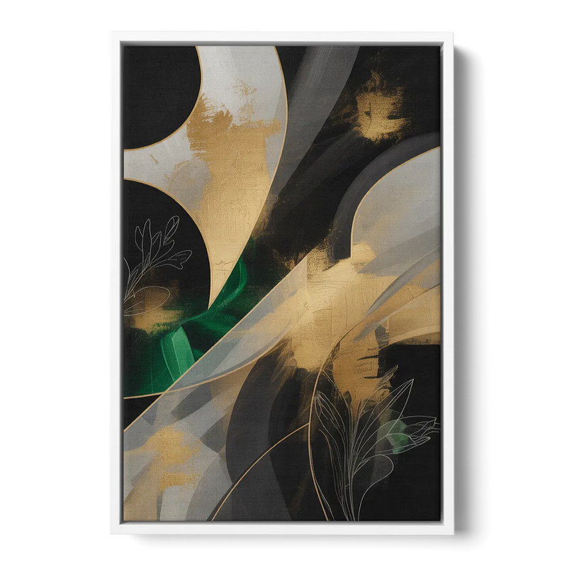 Geometric Elegance Black and Gold Abstract Front - White Canvas Wall Art