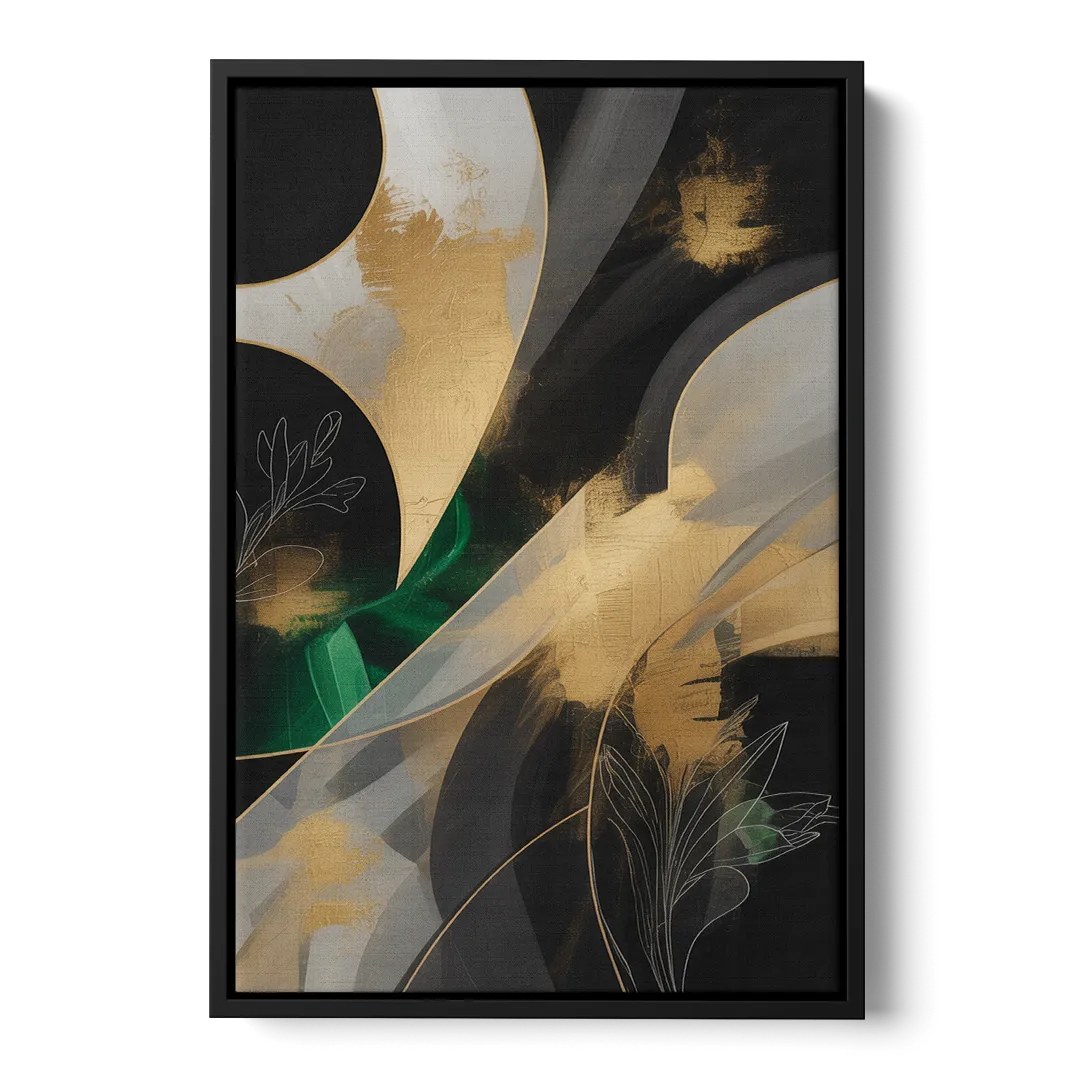 Geometric Elegance Black and Gold Abstract - Black Frame Canvas
