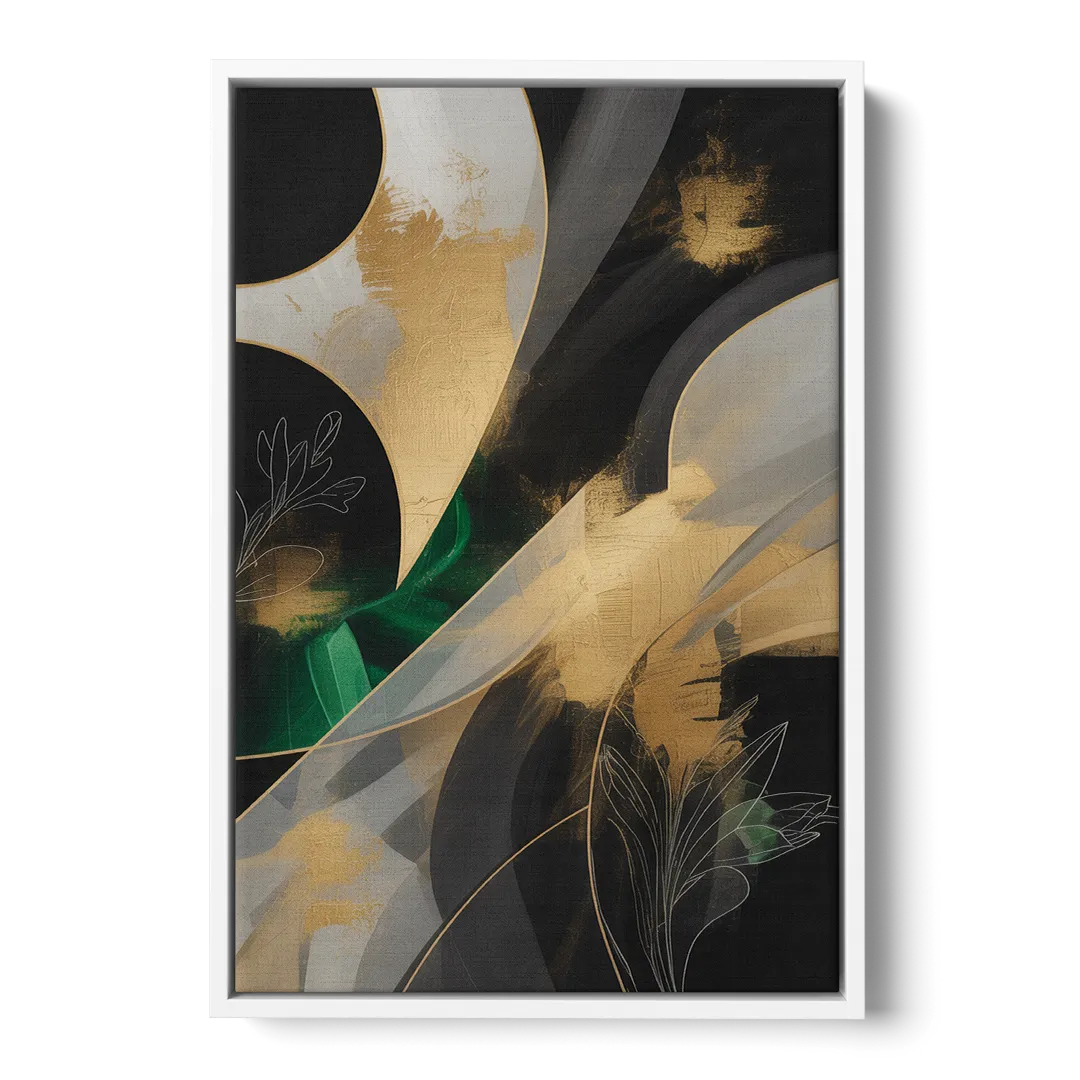 Geometric Elegance Black and Gold Abstract - White Frame Canvas