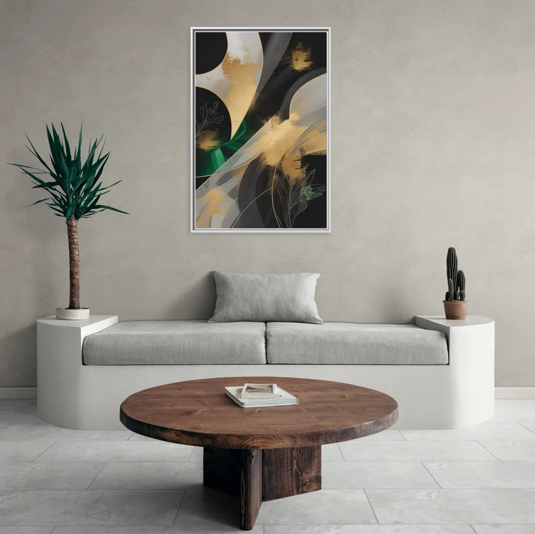 Geometric Elegance Black and Gold Abstract - Living Room White Frame Canvas