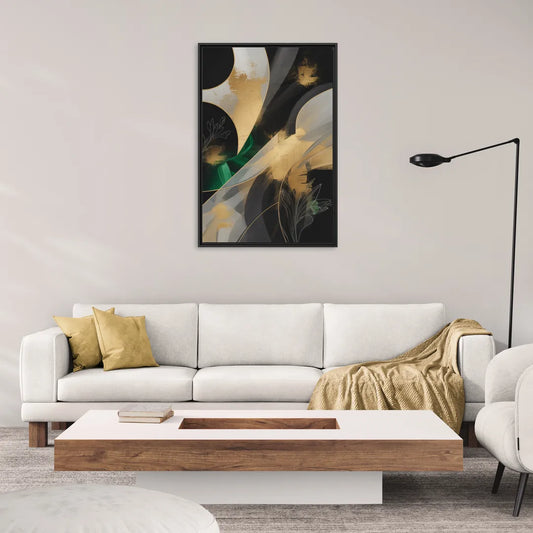 Geometric Elegance Black and Gold Abstract - Living Room Black Frame Canvas