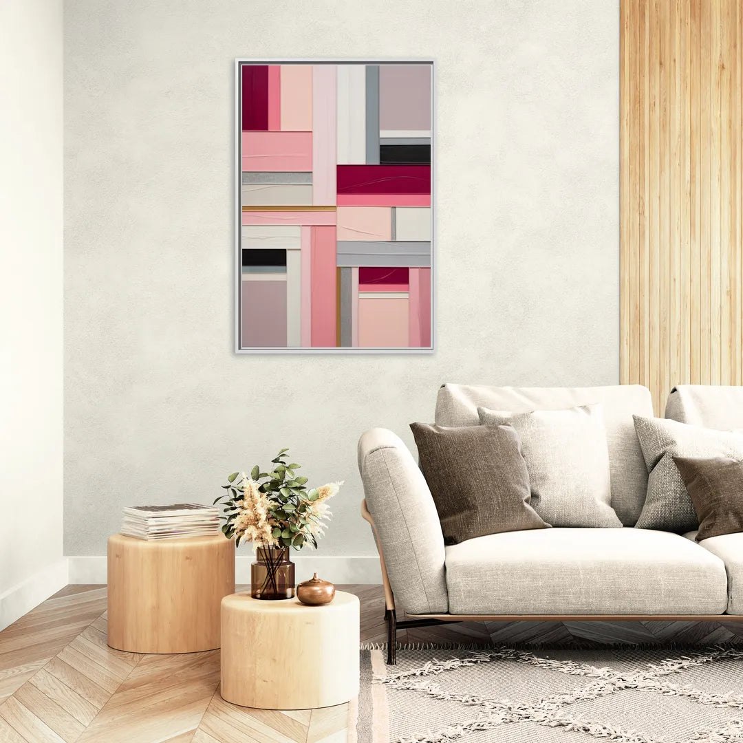 Geometric Elegance Pink Abstract - Living Room White Frame Canvas