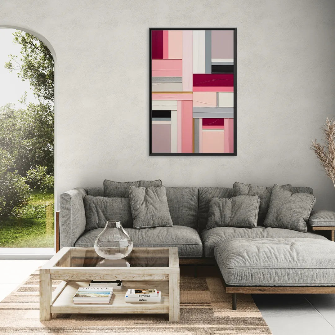 Geometric Elegance Pink Abstract - Living Room Black Frame Canvas