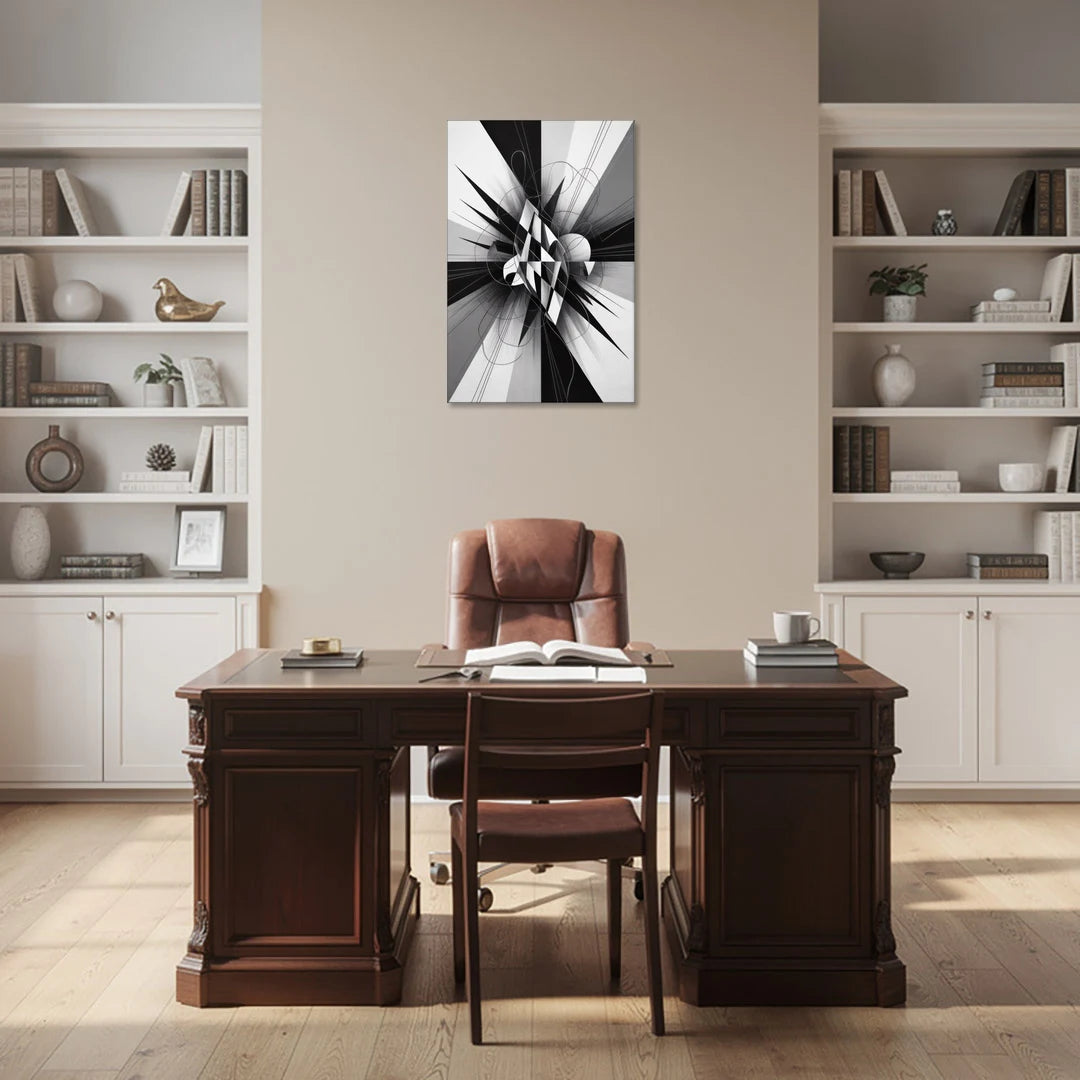 Geometric Elegance in Black and White Abstract - Canvas Wall Art - Office - 24x36