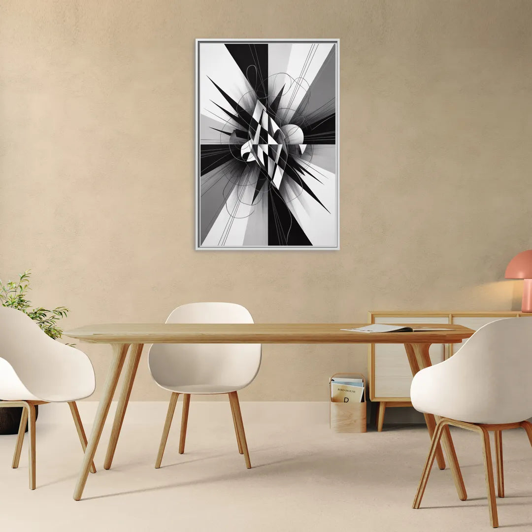 Geometric Elegance in Black and White Abstract - Living Room White Frame Canvas