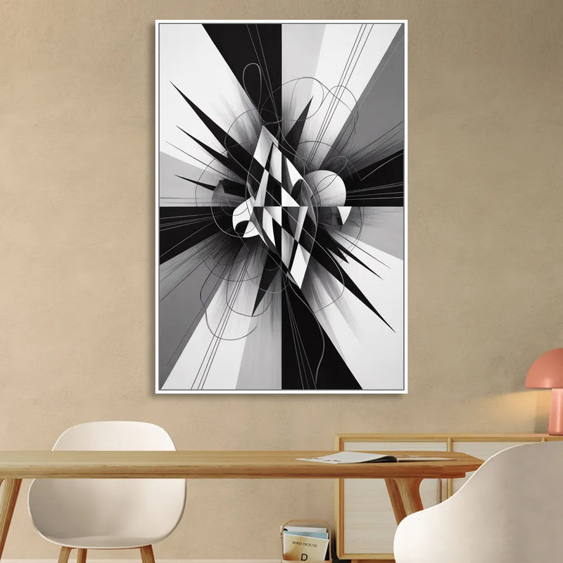 Geometric Elegance in Black and White Abstract Living Room - White Canvas Wall Art