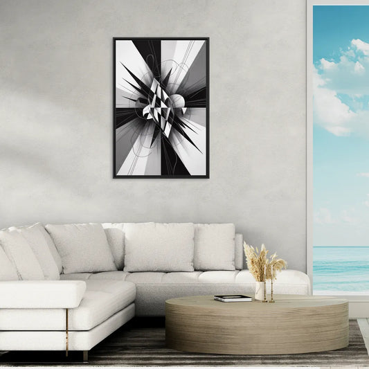 Geometric Elegance in Black and White Abstract - Living Room Black Frame Canvas