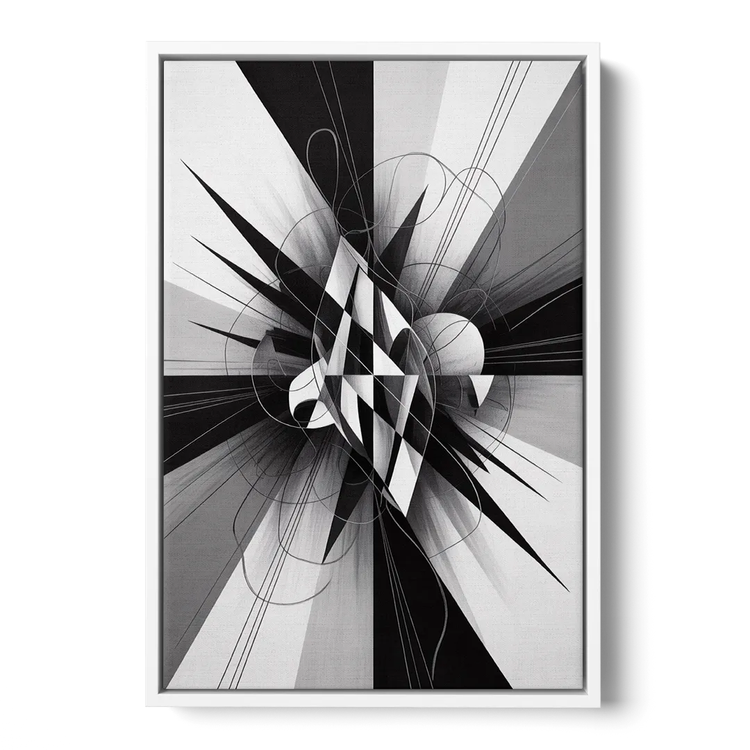 Geometric Elegance in Black and White Abstract - White Frame Canvas