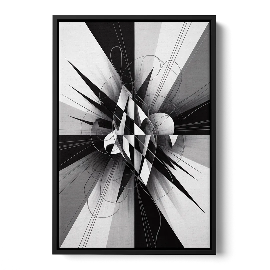 Geometric Elegance in Black and White Abstract - Black Frame Canvas