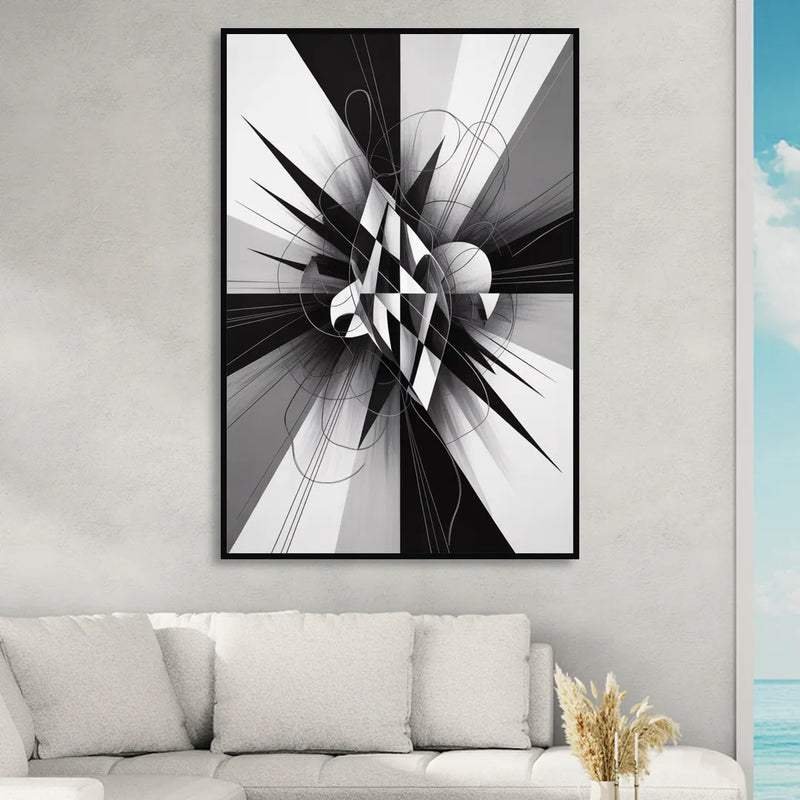Geometric Elegance in Black and White Abstract Living Room - Black Canvas Wall Art