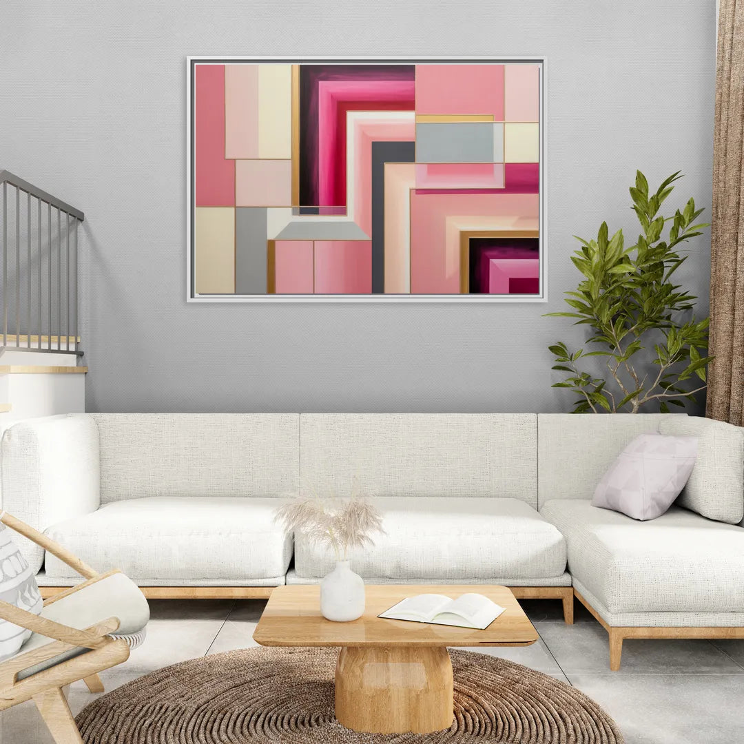 Geometric Elegance in Pink Abstract - Living Room White Frame Canvas