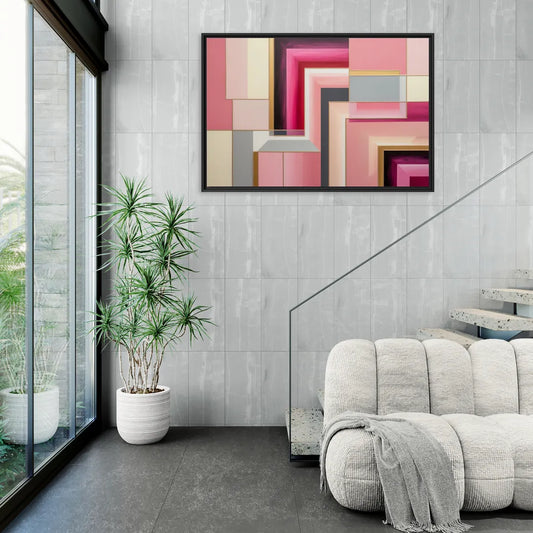 Geometric Elegance in Pink Abstract - Living Room Black Frame Canvas